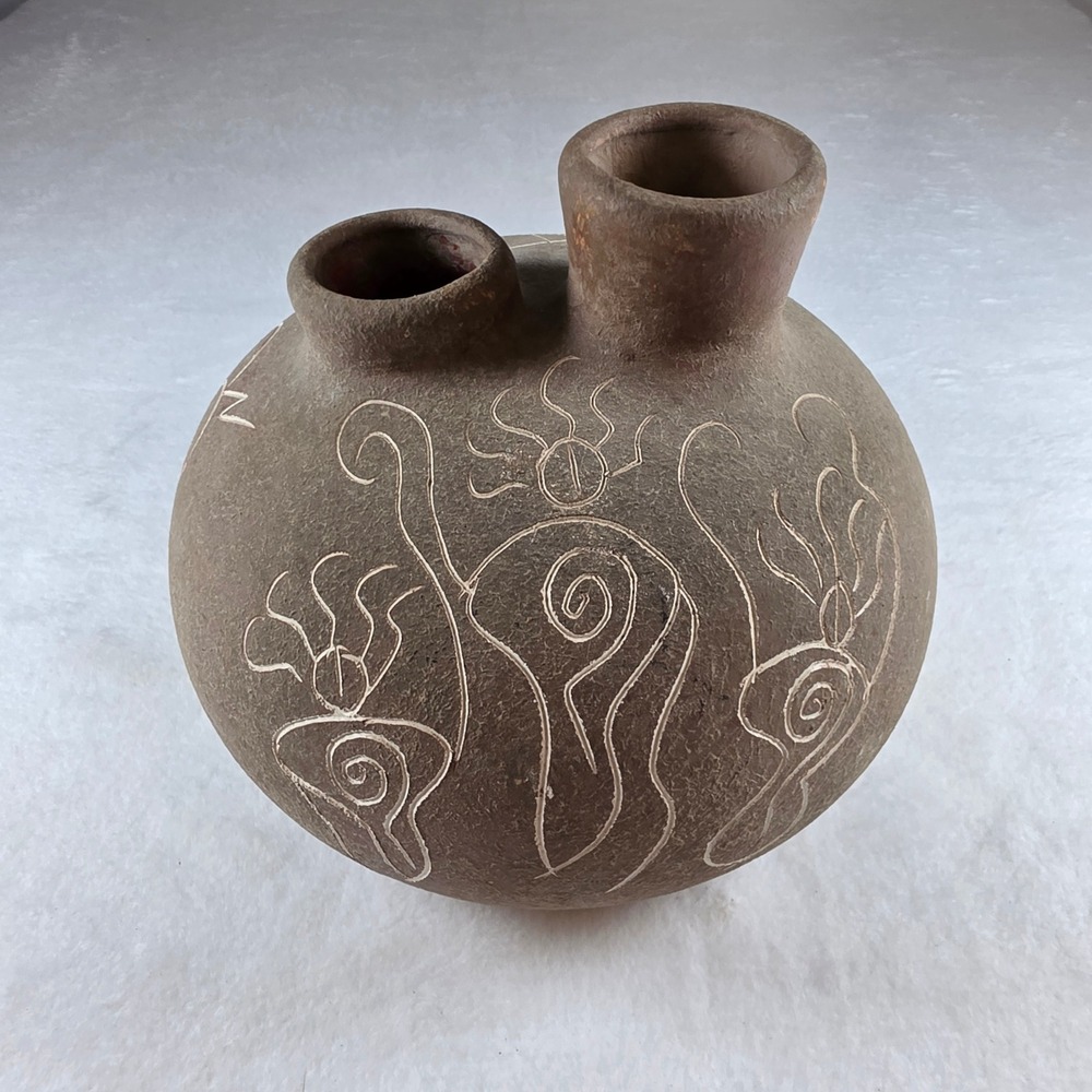 Southwestern Kokopelli Sgraffito Double Spout Wedding Vase Terracotta Pottery